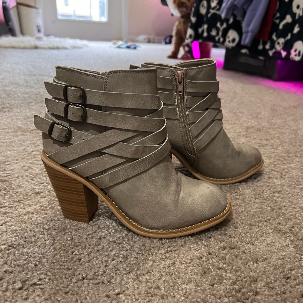 Strappy Gray Ankle Boots